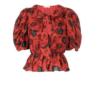 Ulla Johnson Cherry Red Floral Peplum Nadya Top
